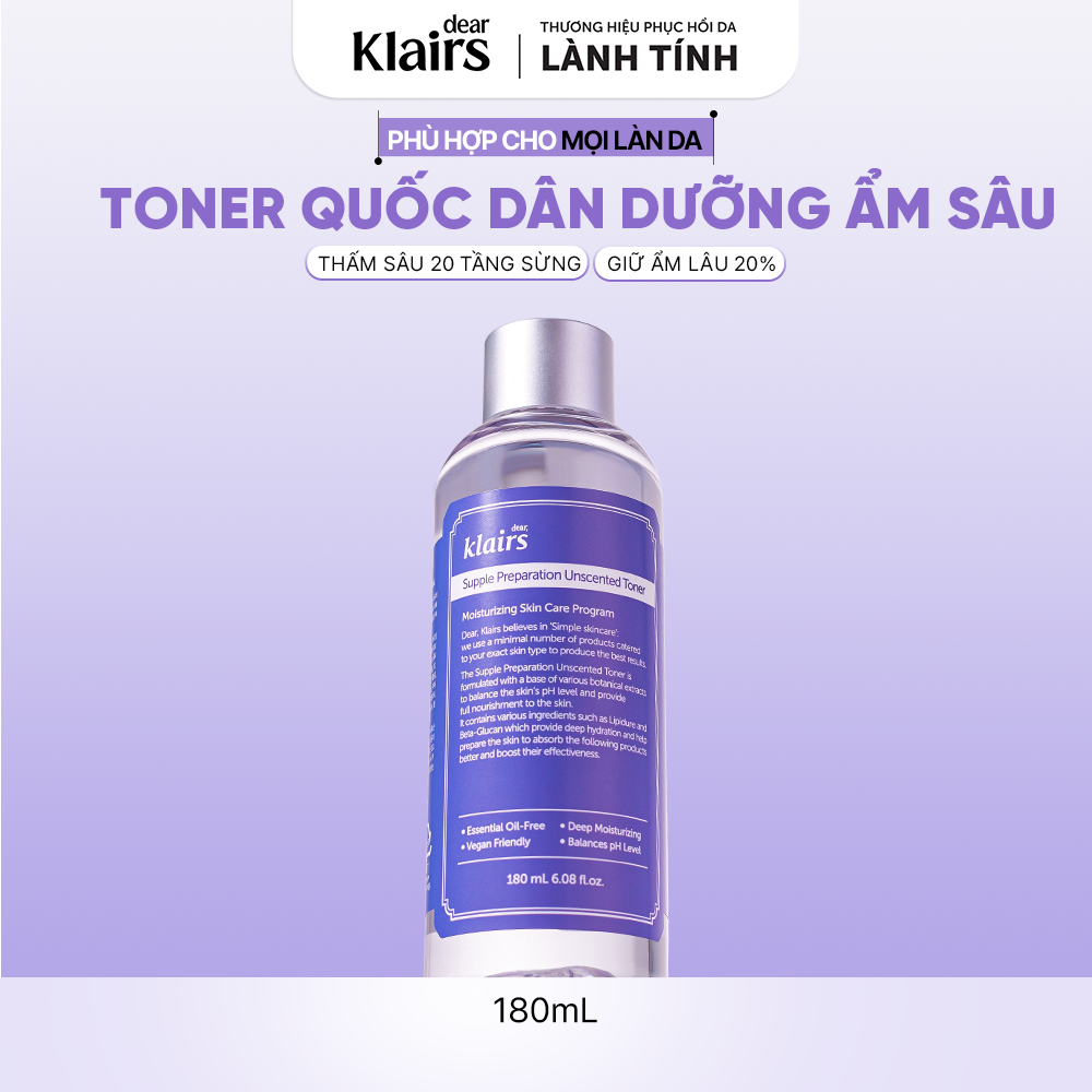 Nước hoa hồng Dear, Klairs Supple Preparation Unscented Toner 300ml